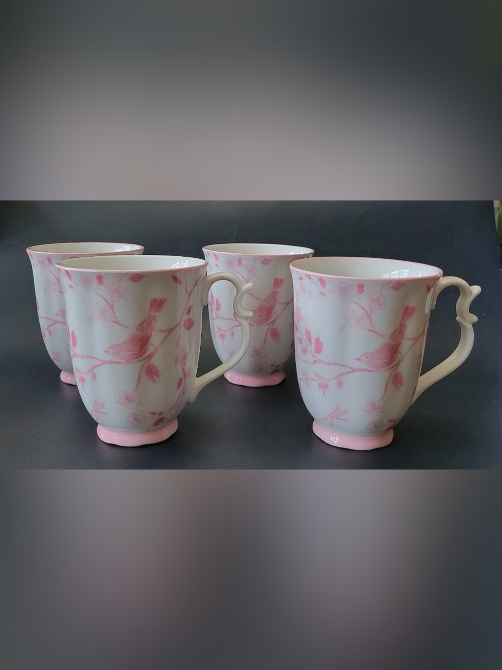 New set of 4 Grace Teaware Fine Porcelain Coffee Mugs Cups Pink Floral Birds 10o
